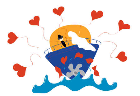 loving couple meets sunrise on a ship during his honeymoonのイラスト素材