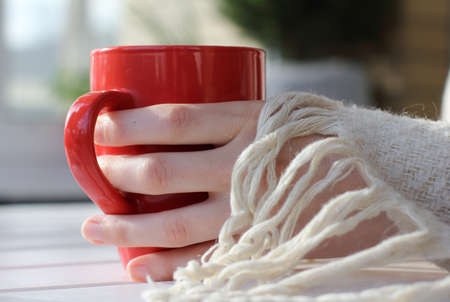 red mug in his hands and a warm blanket for restの写真素材