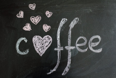 hearts picture and lettering Coffee chalk on a blackboardの写真素材