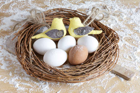 Easter bird in a nest with eggsの写真素材