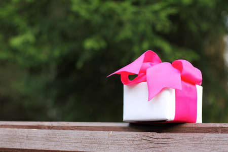 holiday gift with a pink ribbon on a park benchの写真素材