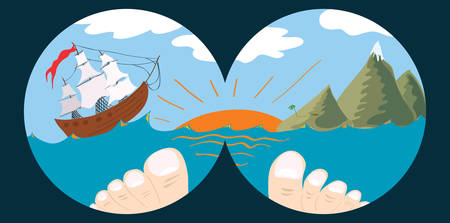 People see through binoculars old sailing ship and the sunset in the seaのイラスト素材