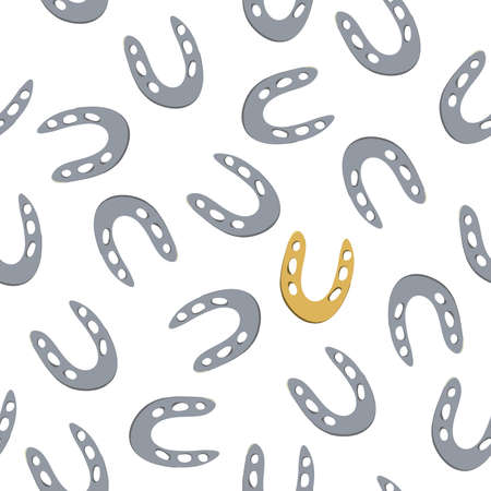 vector illustration seamless pattern with silver horseshoes and one gold on white background / lucky background with horseshoes for good luckのイラスト素材