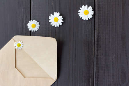 romantic letter with an attachment in the form of flowers daisies top view / flower declaration of loveの写真素材