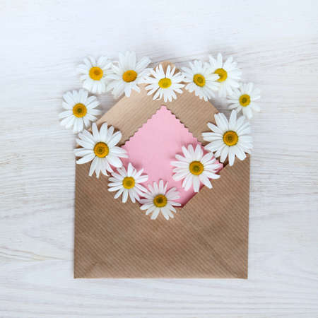 mail message from flowers Chamomile flying out of the envelope / bouquet of flowers with love by mailの写真素材