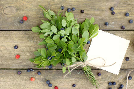 bunch of sprigs of wild berries is with the card for inscriptions on a wooden surface / greetings with wild berriesの写真素材