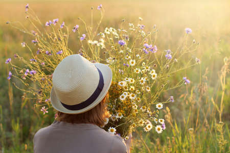 girl holds in hands Large bouquet consist of wildflowers at sunset / summer floral retro moodの写真素材