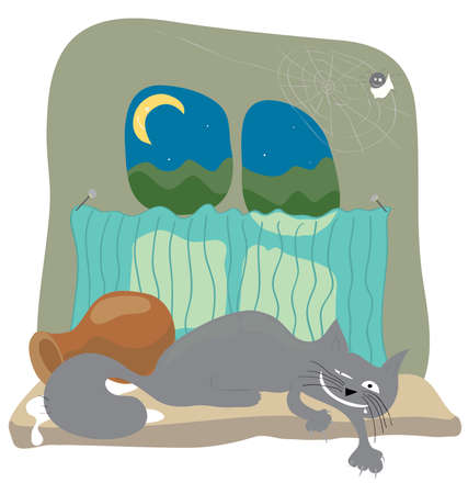satiated happy gray cat lying by the window in the moonlight / evening's entertainment after dinnerのイラスト素材