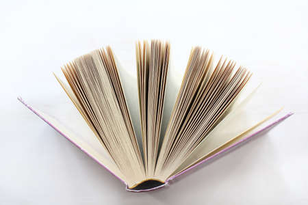 open book in a pink hardcover and many pages, stands on a light background / knowledge sourceの写真素材