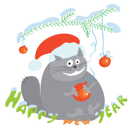 vector Happy cat in a hat holding a red ball on the festive Christmas tree / favorite gift in new yearのイラスト素材