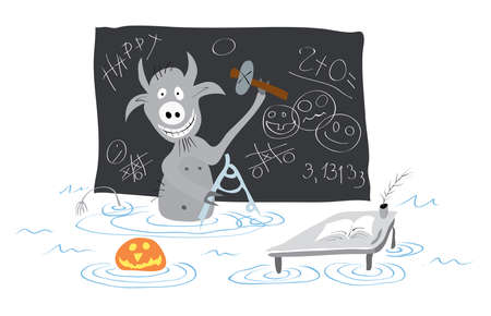 vector illustrations painted with fun devils and floating pumpkin on a background of blackboard / fun hell teaches the technical drawing in Halloween celebrationのイラスト素材