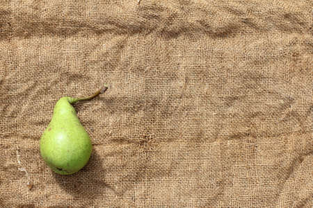 pear lying on a crumpled rough burlap top view / first harvest of the seasonの写真素材