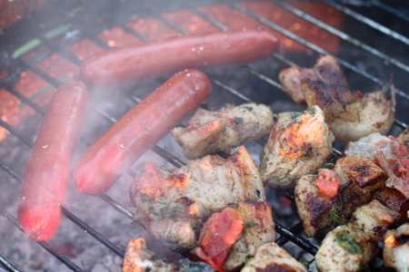 meat and sausages fried on charcoal / barbecue in fragrant smoke