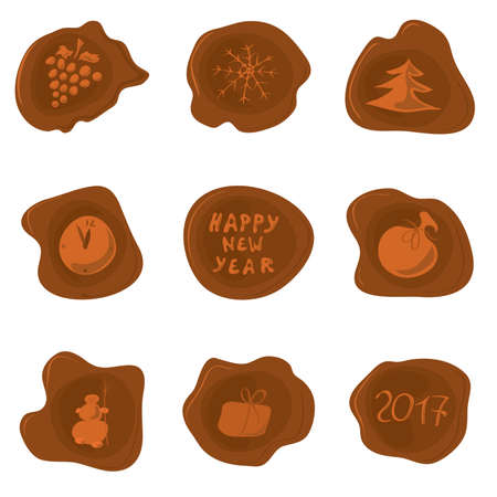 set of vector wax seal with different pictures on the theme of New Year / for sealing holiday greetingsのイラスト素材