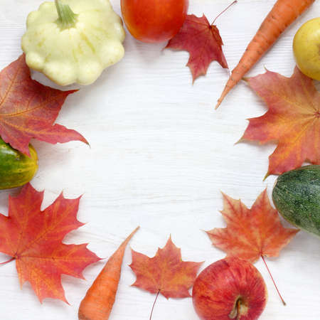 flat layout of autumn fruits on a light wooden background / holiday table with the harvestの写真素材