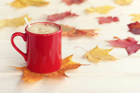 frothy cappuccino in a red mug with a spoon, against the backdrop of autumn leaves / mood for coffee breakの写真素材