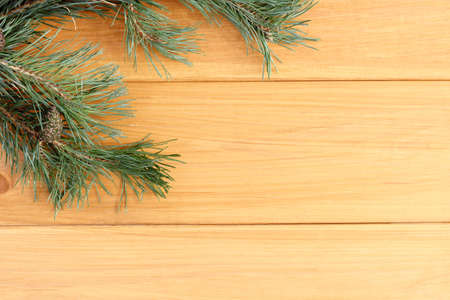 flat layout with branches and cones of pine, on a wooden surface top view / holiday background with nature elementsの写真素材