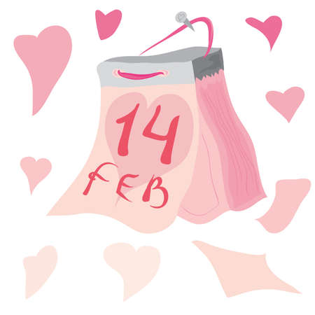 Calendar with festive date and leaves turning into hearts / Valentine card day loveのイラスト素材