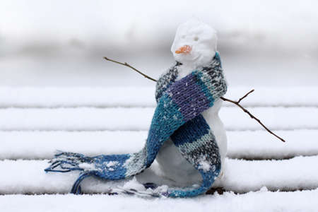 Christmas snowman in a warm scarf on the background of snowy landscape / good mood during the winter holidaysの写真素材