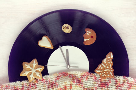 musical fairy abstraction of different objects on a retro plate top view / time for the festive melodiesの写真素材