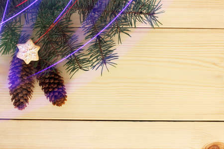 fir branch decorated holiday cookies on a light wooden surface and light routes salute / the eve of Christmasの写真素材