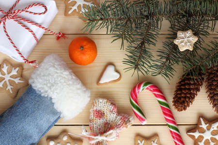 flat lay of the various objects on the festive light wooden surface top view / Merry Christmas and Happy New Yearの写真素材