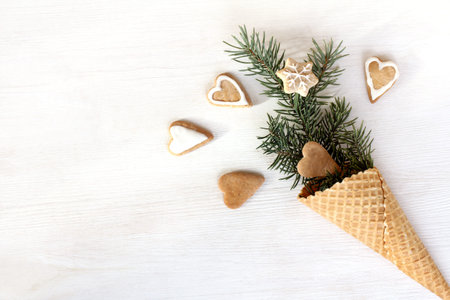 fireworks gingerbread hearts of waffle cone with Christmas tree / faerie winter holidayの写真素材
