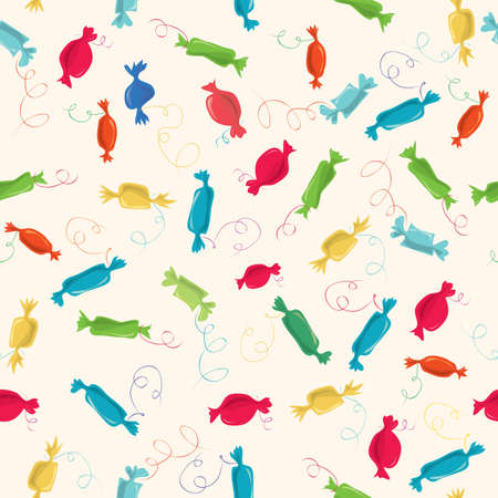 vector seamless pattern of colorful candy flying in different directions on a yellow background / crazy sweet fireworksのイラスト素材