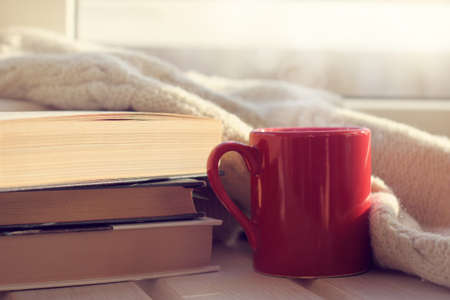 red mug of hot drink and a stack of books with a warm blanket / reading in a comfortable atmosphereの写真素材