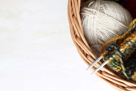wicker basket thread for knitting top view / warm things own handsの写真素材
