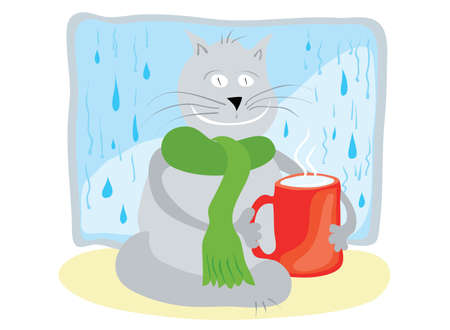 happy cat in a scarf, sitting with a red cup of milk opposite a window with raindrops / warming atmosphere of home careのイラスト素材