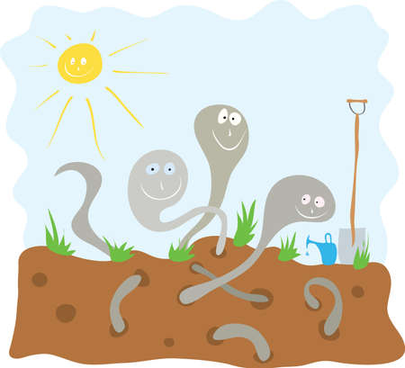 Cheerful earthworms loosen the soil in the garden / preparation of biohumus for seedlingsのイラスト素材