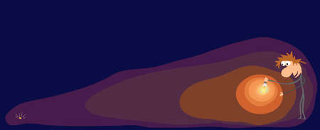 A gold coin glitters in the darkness near a man with a lightbulb / idea to search for invests.のイラスト素材