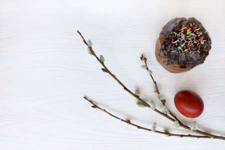 cake with twigs willow branches and egg on a light wooden surface / Happy Holidays Easterの写真素材