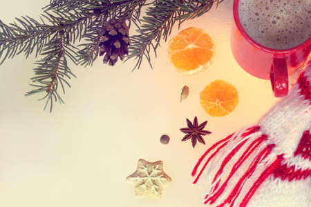 Warming scarf with gingerbread and coffee next to the spruce branch / winter vacation atmosphereの写真素材