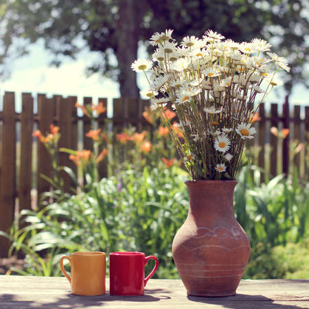 Red and orange cup with a retro jug full of chamomiles, on the table in the yard / Hot summer coffee breakの写真素材