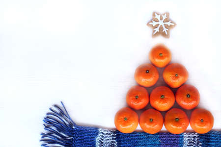 flat lay of orange fruit with gingerbread decoration / mandarin Christmas treeの写真素材