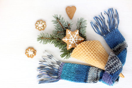 fireworks gingerbread cookies of waffle cone with Christmas tree / decoration of winter holiday