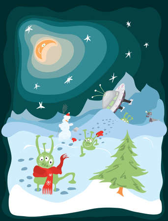 Cheerful green aliens from flying saucer flew to the ground on a winter vacation.のイラスト素材