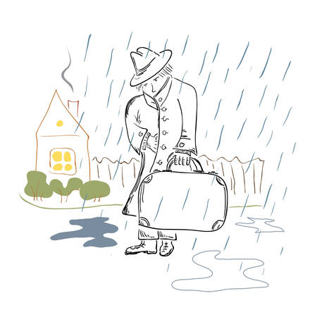 Sad man with suitcase gets wet in the rain on a background of a cozy house with a warm light in the windowのイラスト素材