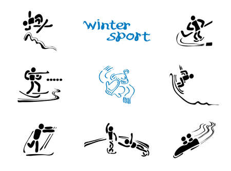 vector icons with single and pair silhouettes of different kinds of competitions / winter sports warmsのイラスト素材