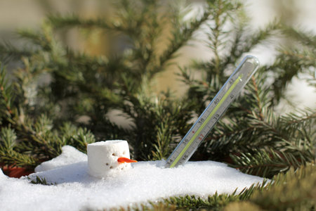 old thermometer and melted snowman on a spring sunny day / climatic changes in global warming