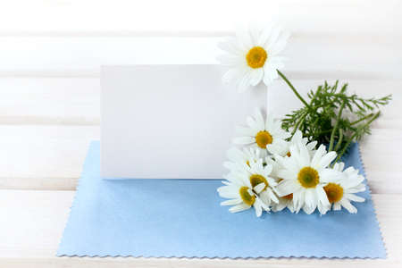 bouquet of chamomiles and label for inscriptions on the front view / place for wishes and congratulationsの写真素材