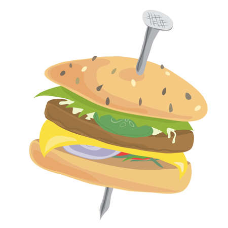 Vector round bread rolls with meat cutlet and greens pierced through a nail on a white background
/ Cheeseburger with high iron contentのイラスト素材