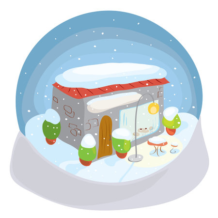 vector snow globe with a cozy cafe in the winter / memories of pleasant coffee pauses