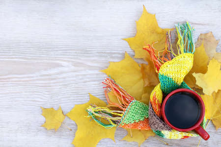red cup wrapped in scarf on wooden table covered with yellow leaves top view / warming autumn coffeeの写真素材