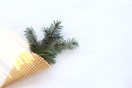 an evergreen Christmas tree in a waffle cone appears with a light effect / an unexpected greetingの写真素材