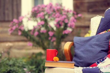 red cup, book, blanket and pillow on an armchair against the background of a flower bed near the...