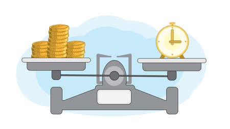 piles of gold coins on one side of the scale and hours on the other. balanced pay conceptのイラスト素材