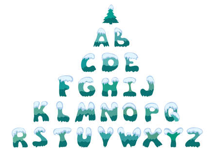 large snow-covered capital letters of the English alphabet. winter font with a Christmas treeのイラスト素材